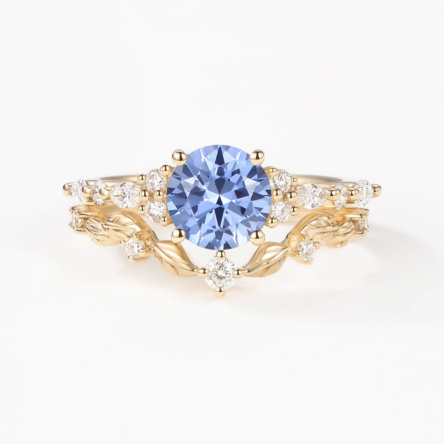 Round Shaped Leafy Cornflower Blue Lab Sapphire Engagement Ring Sets - Sarah Vivid Accent