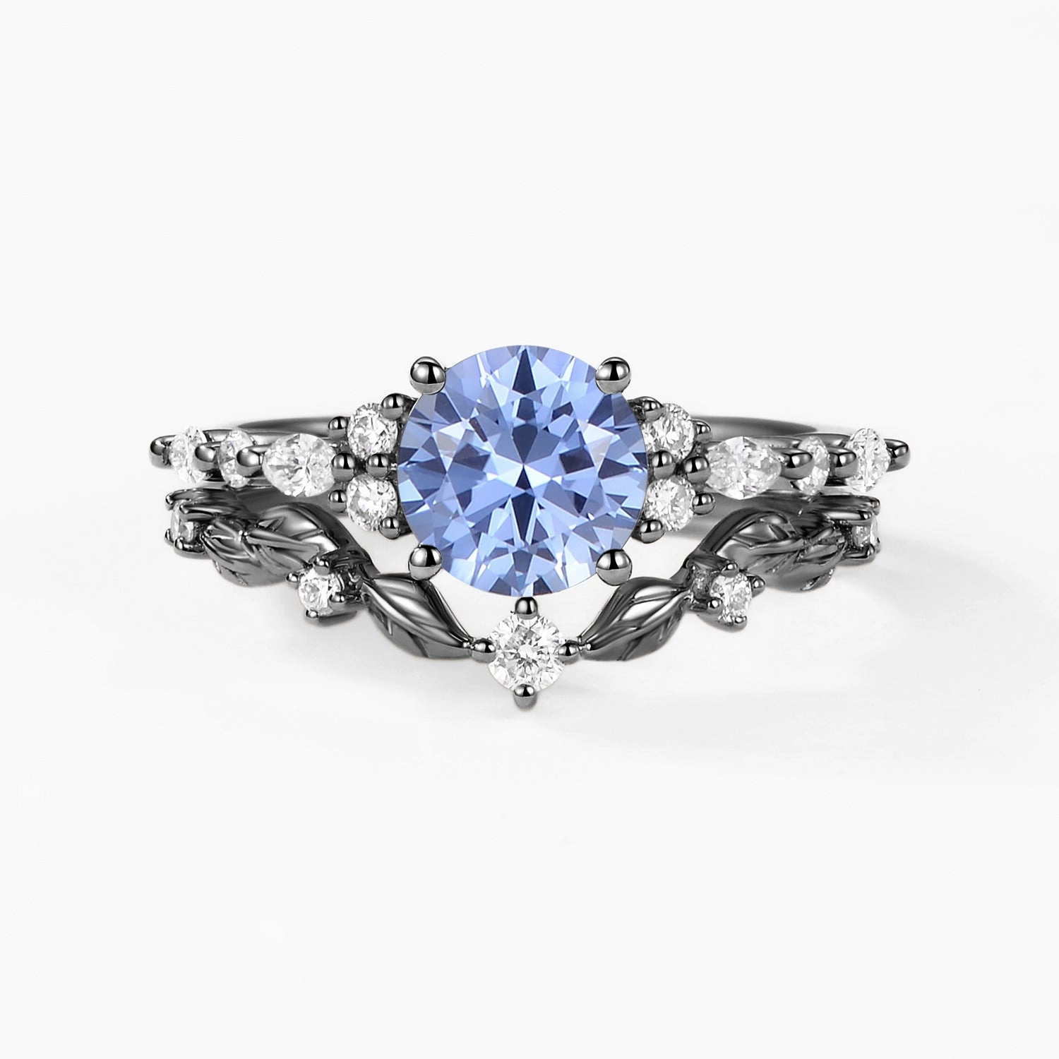 Round Shaped Leafy Cornflower Blue Lab Sapphire Engagement Ring Sets - Sarah True Accent