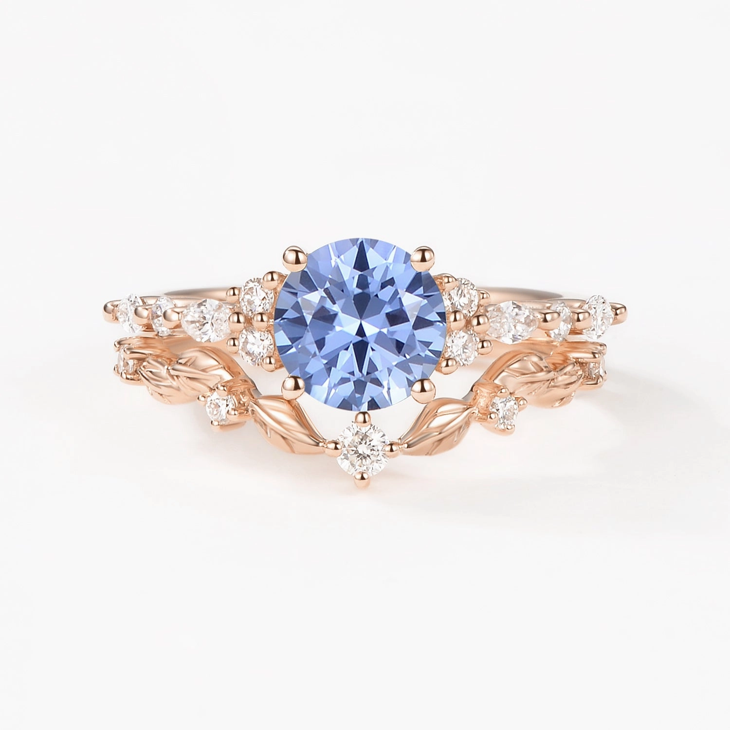 Round Shaped Leafy Cornflower Blue Lab Sapphire Engagement Ring Sets - Sarah Light Feature Shiny Accent