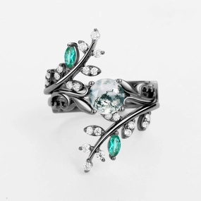 Round Shaped Moss Agate & Emerald Engagement Ring Sets 2PCS Subtle Sparkle