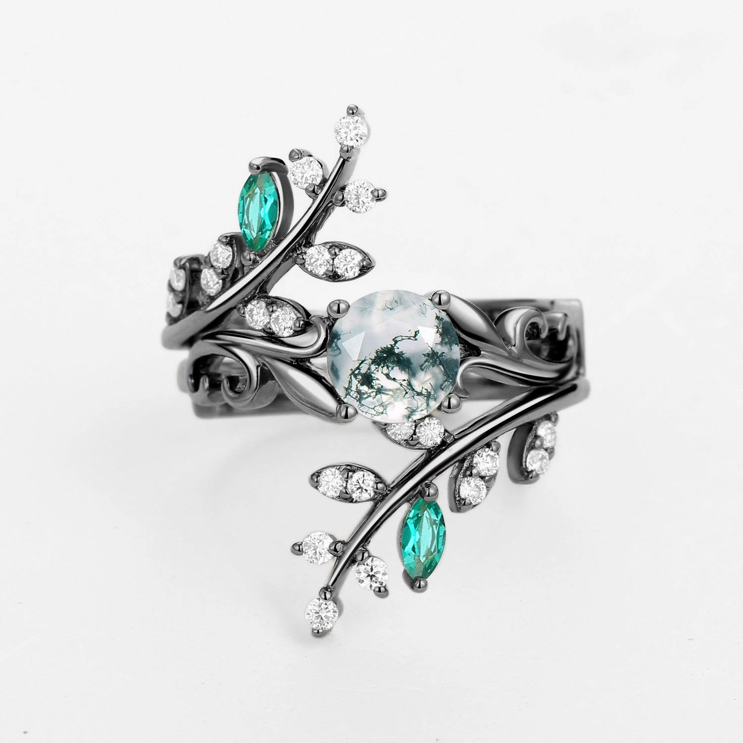 Round Shaped Moss Agate & Emerald Engagement Ring Sets 2PCS Charming Accessories