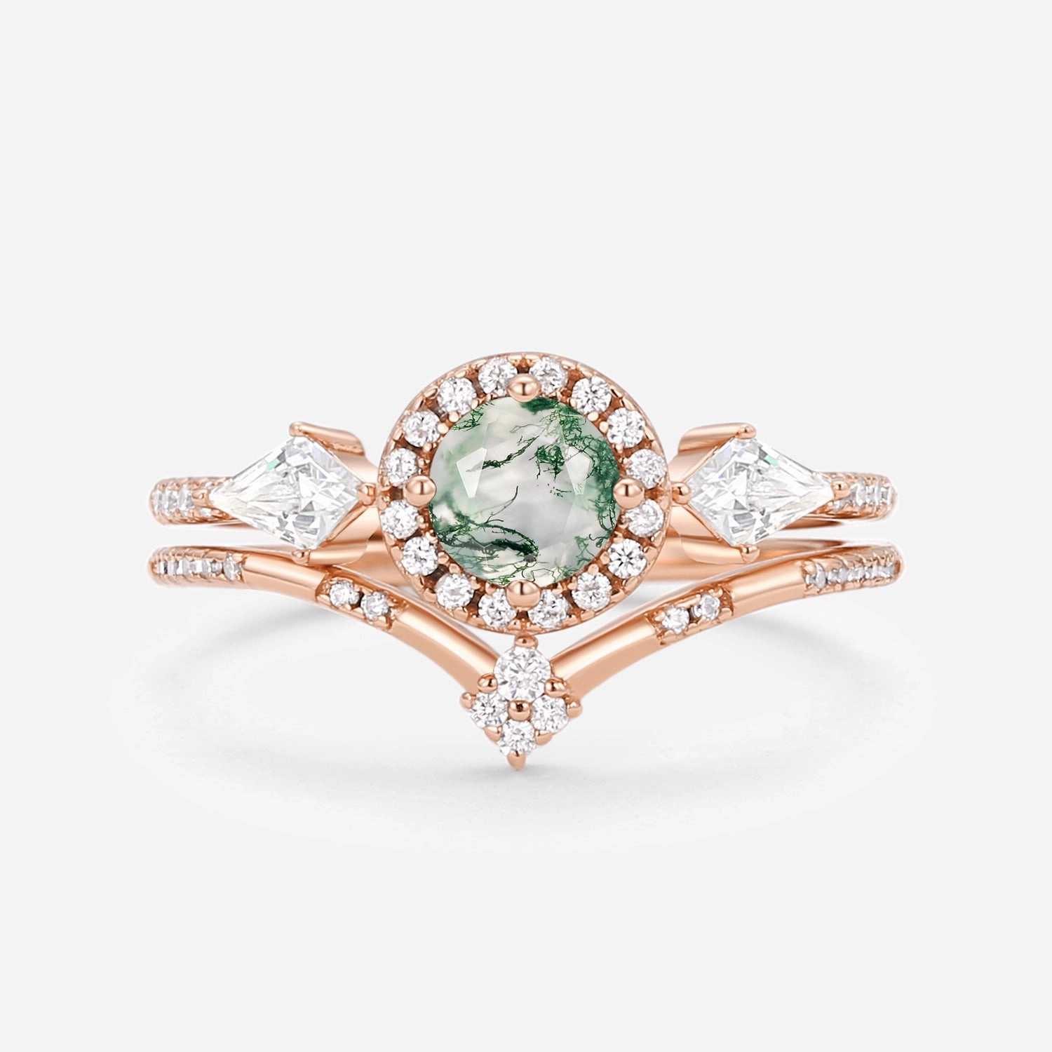 Round Shaped Moss Agate Halo Engagement Ring Sets 2pcs Bold Look