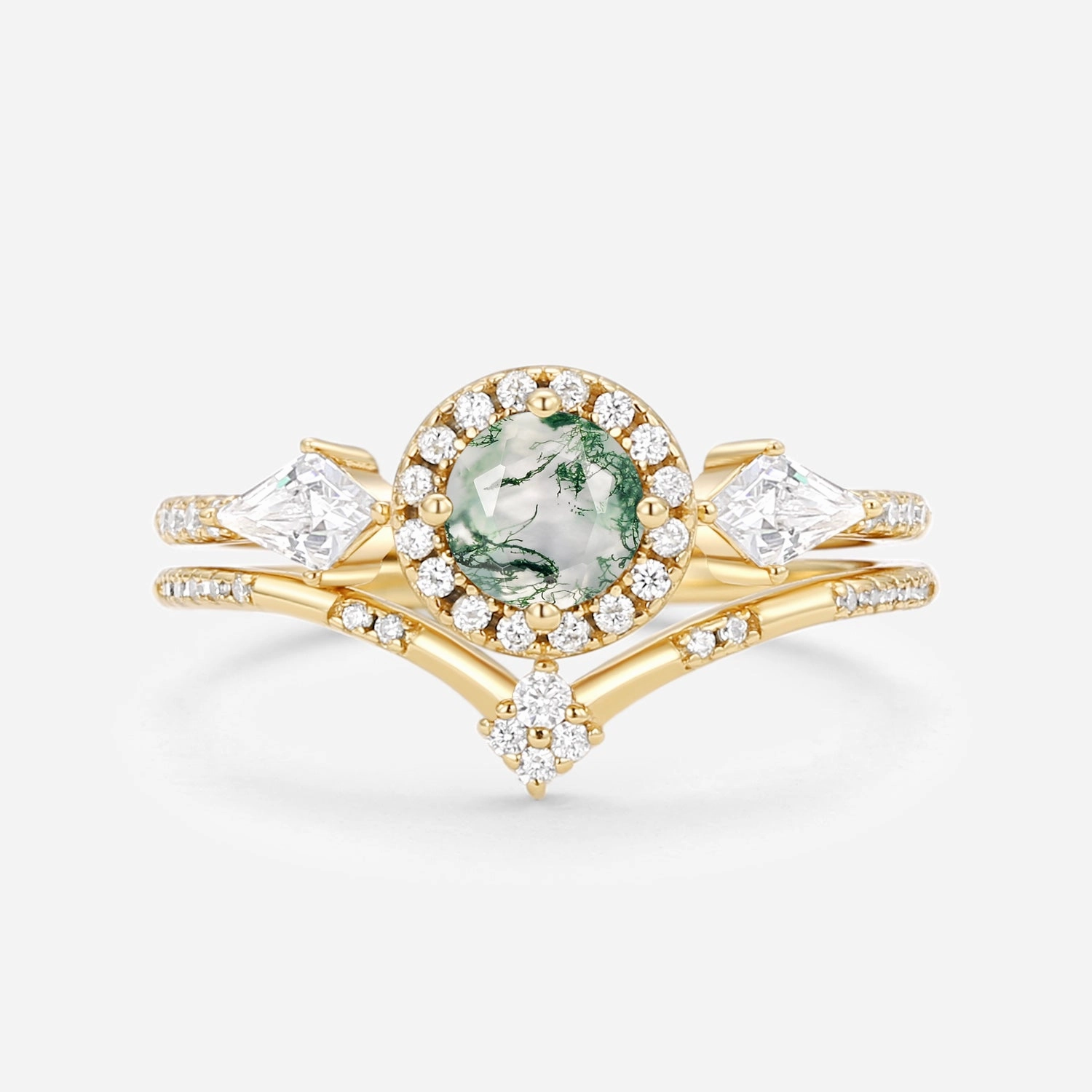 Round Shaped Moss Agate Halo Engagement Ring Sets 2pcs Timeless Charm Spark Ready