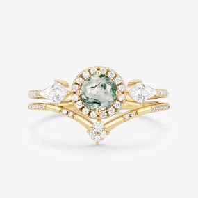 Round Shaped Moss Agate Halo Engagement Ring Sets 2pcs Polished Design