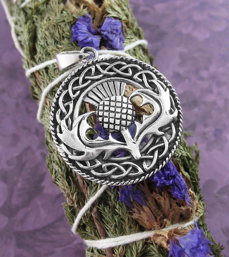 Winter Holiday Accessory Round Thistle Pendant Framed with Celtic Knots