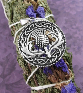 Winter Holiday Accessory Round Thistle Pendant Framed with Celtic Knots