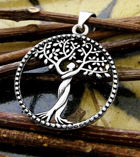 Round Tree of Life Goddess Pendant with Tiny Leaves, Oxidized Premium Present Signature Present