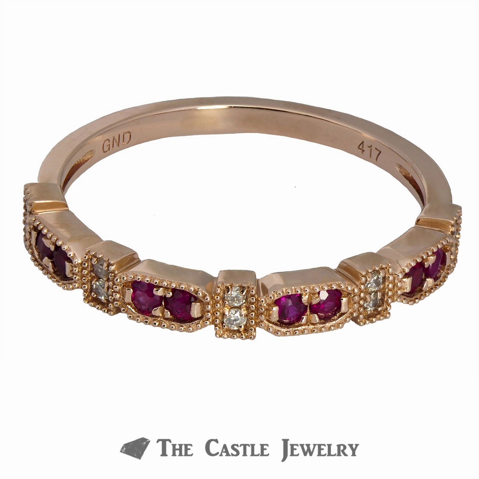 Ruby Stackable Ring with Diamonds & Beaded Edges 10K Luxury Gift