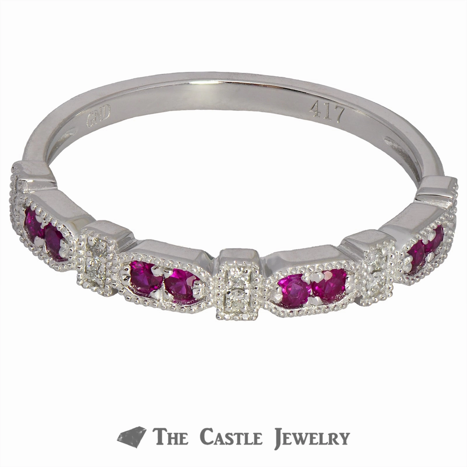 Ruby Stackable Ring with Diamonds & Beaded Edges 10K Elegant accessory