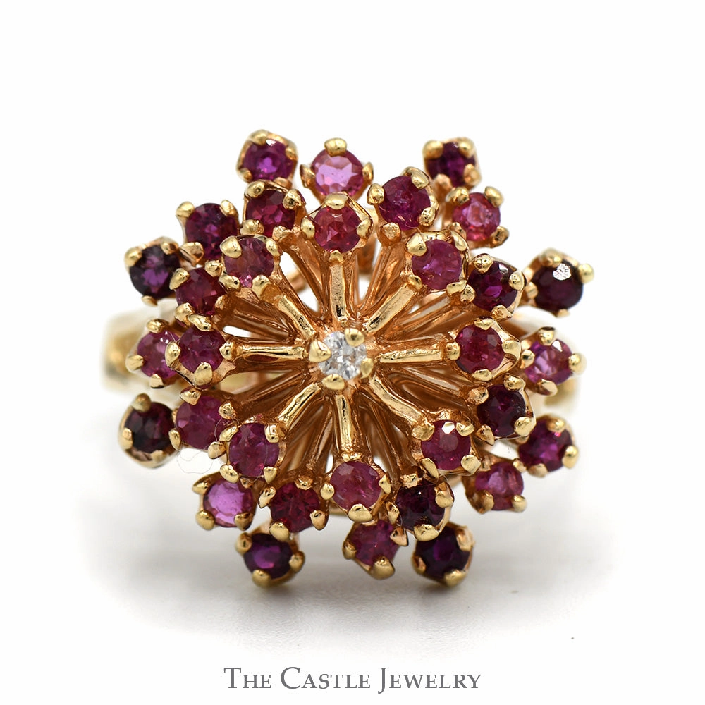 Ruby Starburst Cluster Ring with Diamond Accent in 10k Yellow Gold Classic Memento