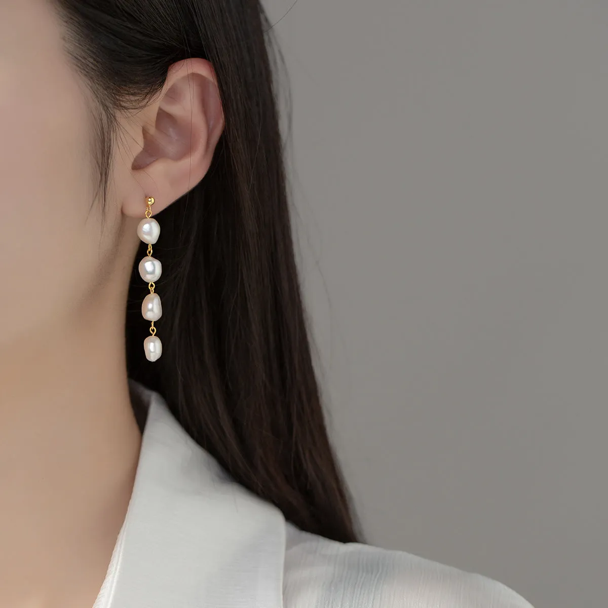 S925 Silver Baroque Pearl Tassel Drop Earrings