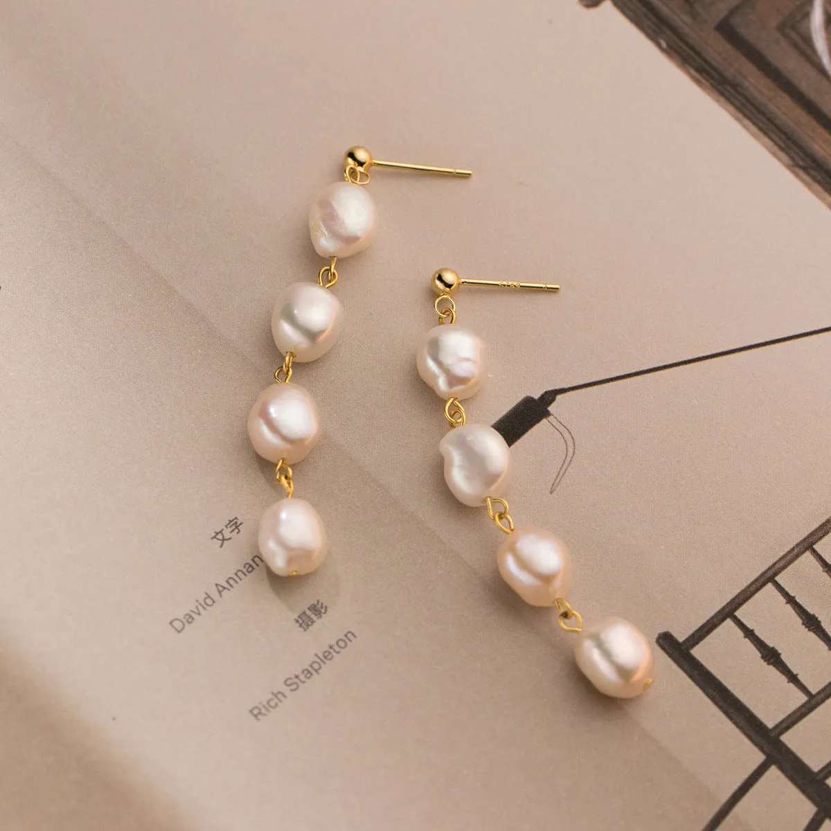 S925 Silver Baroque Pearl Tassel Drop Earrings