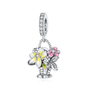 S925 Silver Flower Basket Pendant Dangle Charm For Bracelet and Necklace