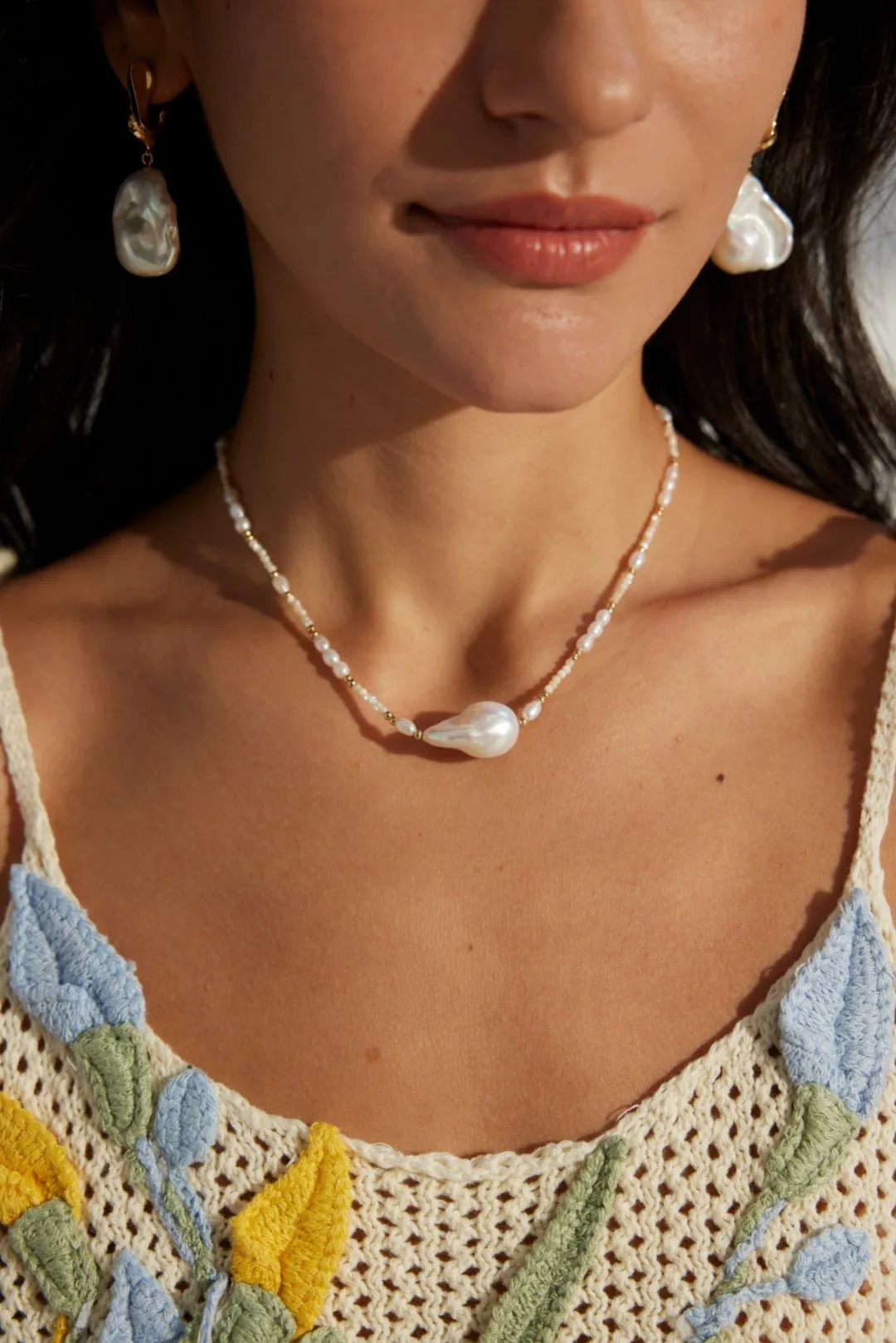 S925 Silver Natural Baroque Pearl and Mother-of-Pearl Beaded Necklace