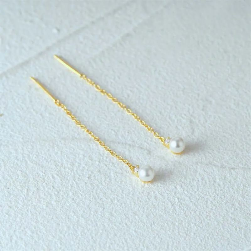 S925 Silver Threader Chain Earrings with White Pearl