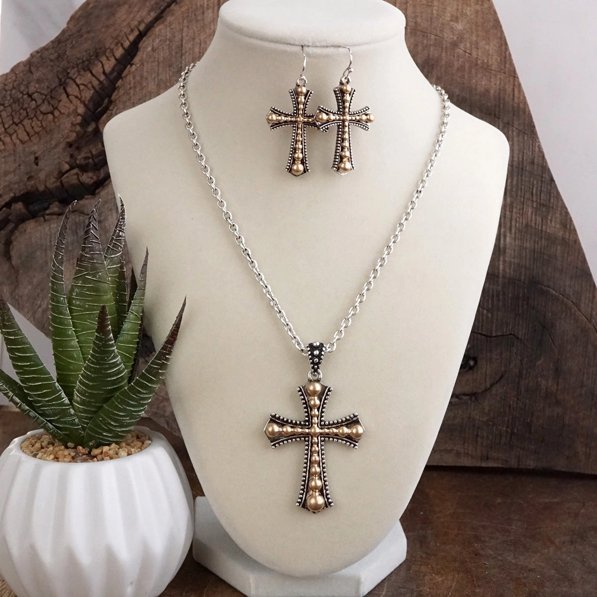 Modern Youth Daily Present Sacred Bloom ?C Bubble Cross Western Necklace & Earrings Set