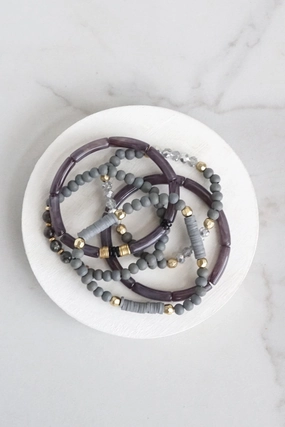 Gray Beaded 5 Bracelets stack stones Acrylic Wooden Golden beads Perfectly Proportioned
