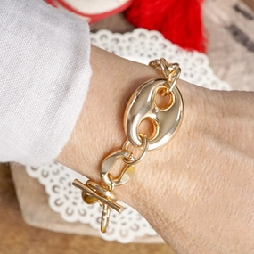 Economical Choice Bespoke Design Puffy Mariner Style Link Chain Fancy Statement Bracelet Toggle in Gold Tone