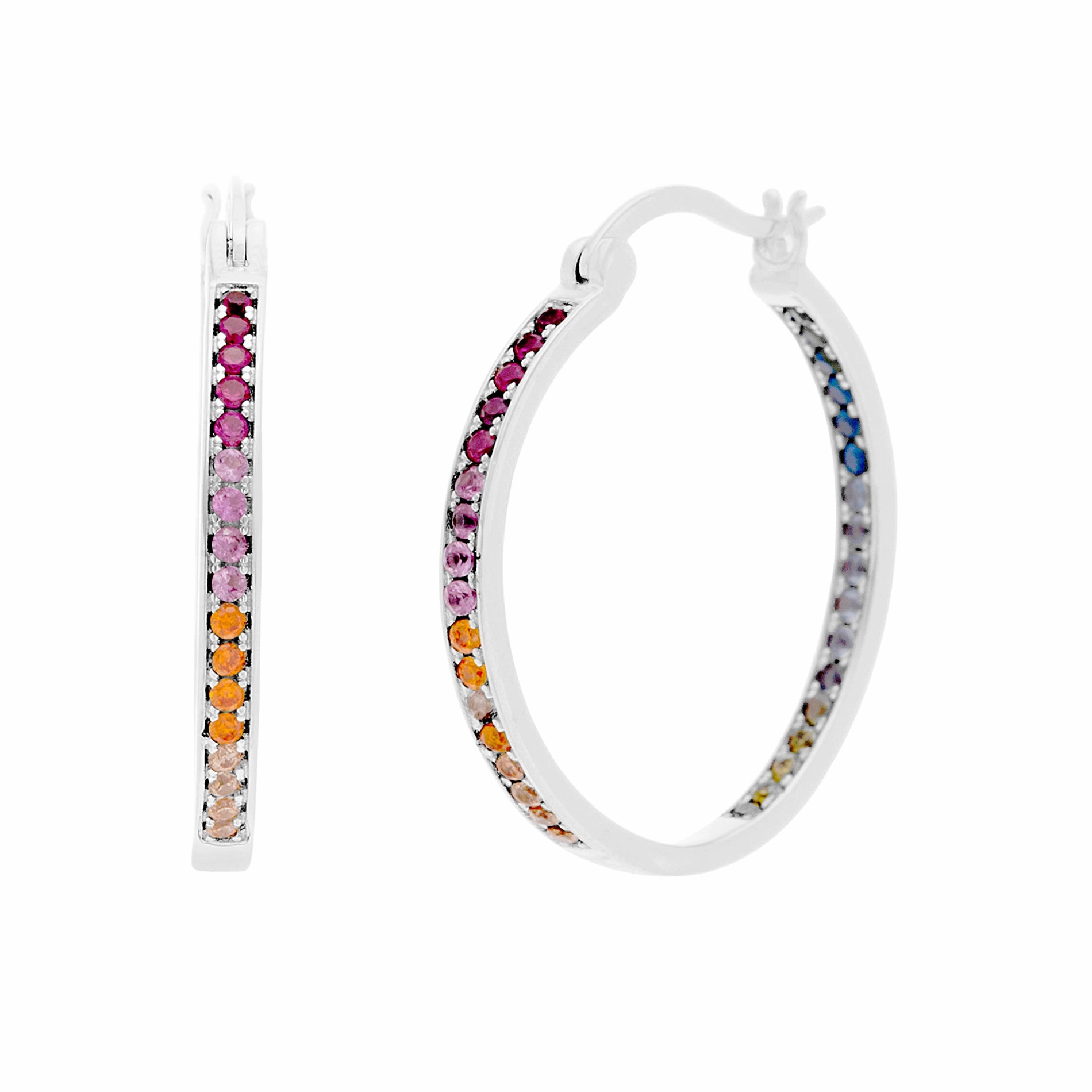 Graceful Embellishment Bright Piece Lesa Michele Rainbow Cubic Zirconia Inside Outside Hoop Earrings in Rhodium Plated Sterling Silver