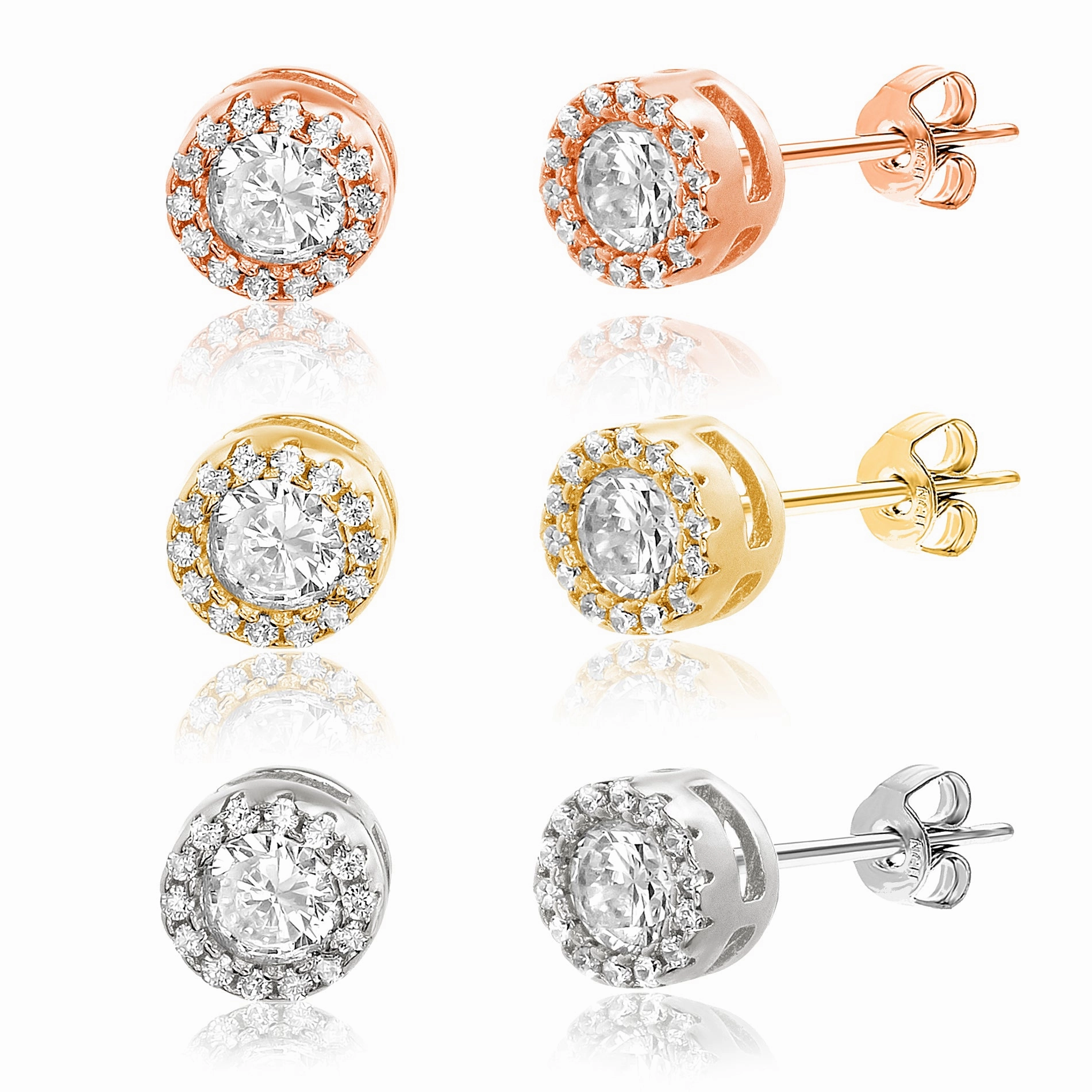 Lesa Michele Round Cubic Zirconia Tri Color 3 Pair Bridal Gift Stud Earring Set for Women in Rhodium, Rose Gold and Yellow Gold Plated 925 Sterling Silver Pretty Element