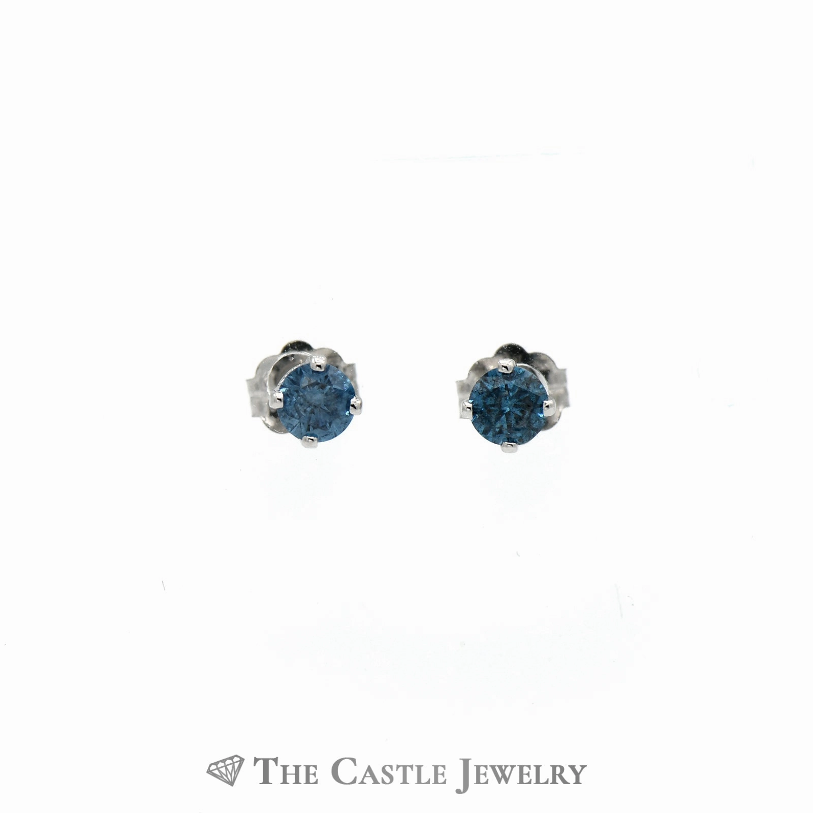 Sparkling Blue Diamond Stud Earrings in 14K White Gold Dull Piece Brilliant Accent