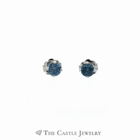 Sparkling Blue Diamond Stud Earrings in 14K White Gold Dull Piece Brilliant Accent