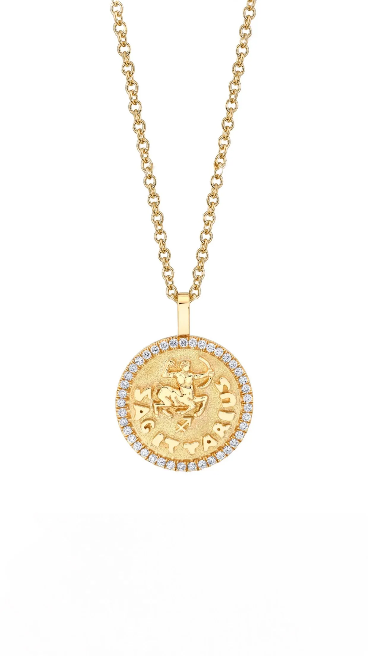 Sagittarius Zodiac Coin Pendant Necklace in Yellow Gold with Diamonds