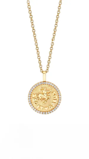 Sagittarius Zodiac Coin Pendant Necklace in Yellow Gold with Diamonds