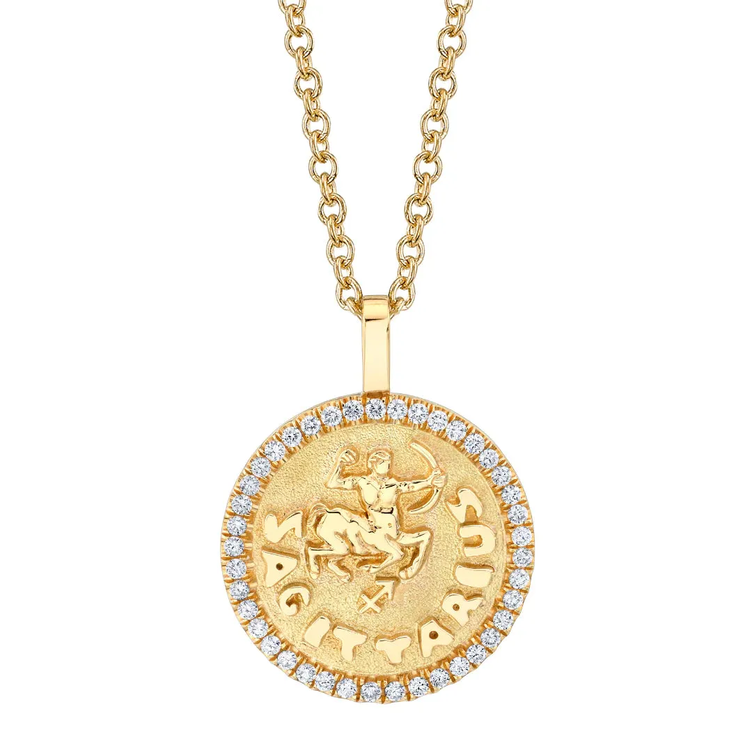Sagittarius Zodiac Coin Pendant Necklace in Yellow Gold with Diamonds