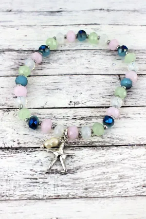 SALE! Silvertone Starfish Charm Light Multi-Color Beaded Bracelet