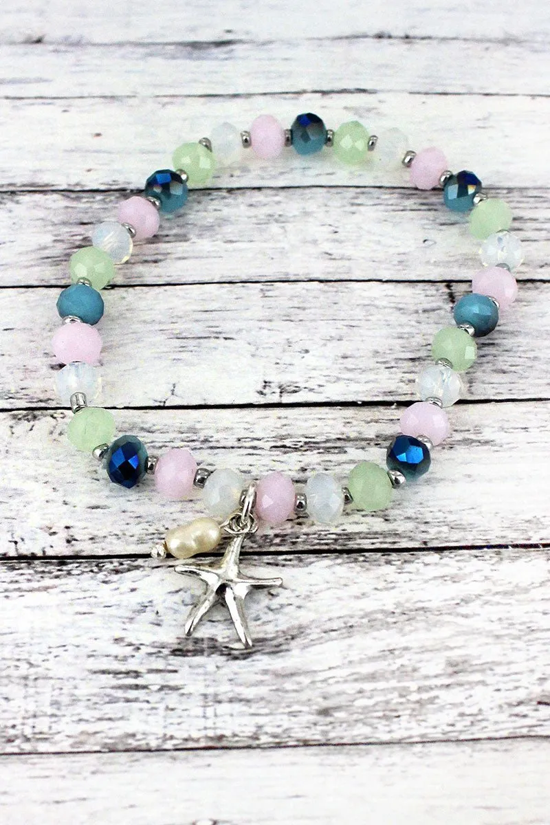 SALE! Silvertone Starfish Charm Light Multi-Color Beaded Bracelet