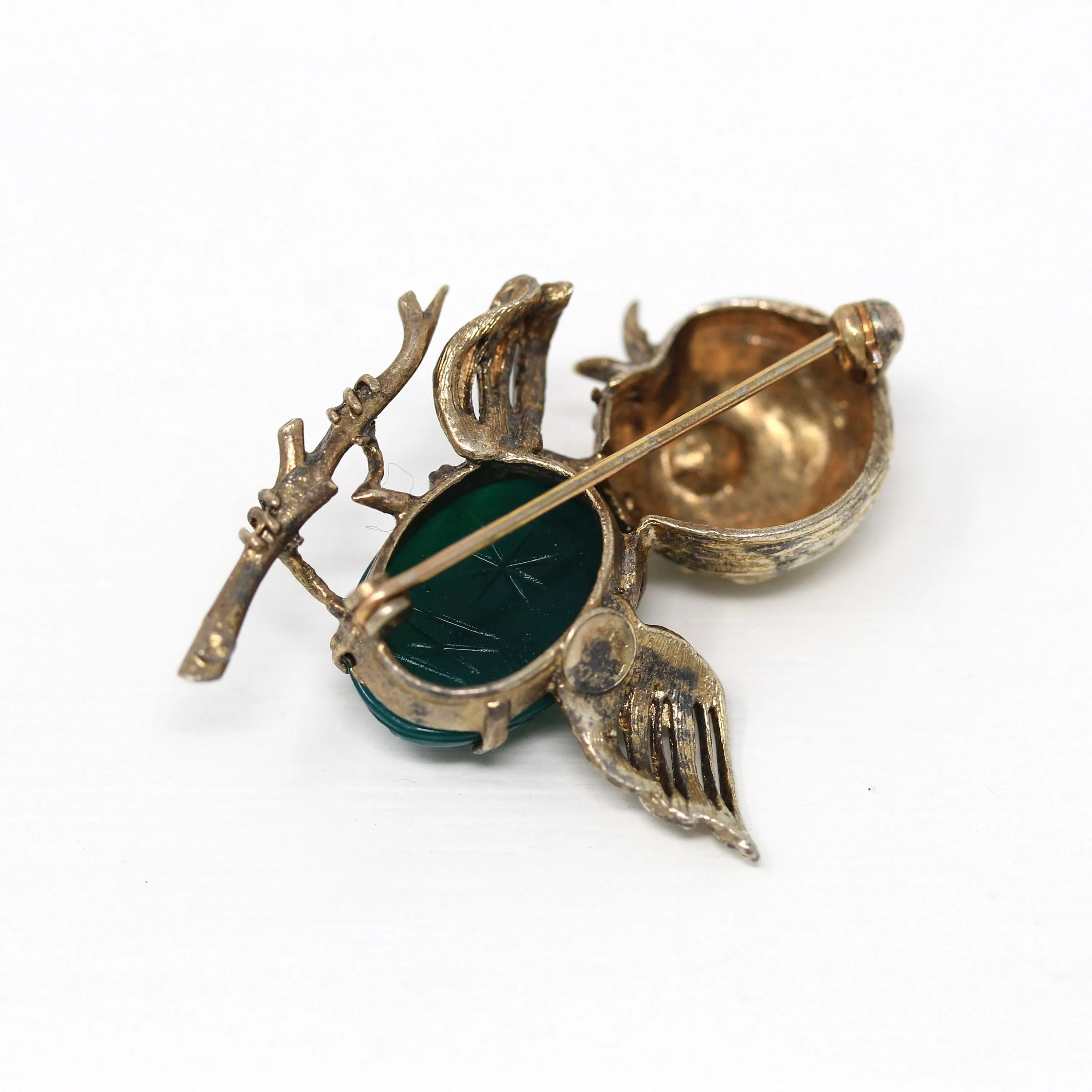 Sale - Vintage Chick Brooch - Retro Gold Washed Sterling Silver Genuine Green Chalcedony Scarab Pin - Circa 1970s Era Bird Figural Jewelry