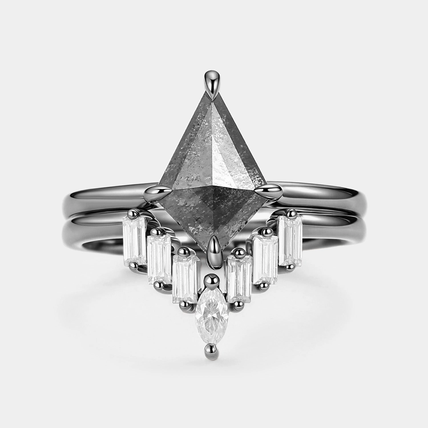 Salt and Pepper Diamonds Elongate Engagement Ring Set 2pcs - Cielo Delicate Edge Trendy Finish