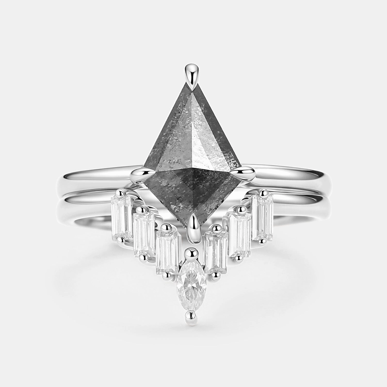 Salt and Pepper Diamonds Elongate Engagement Ring Set 2pcs - Cielo Winter Accent