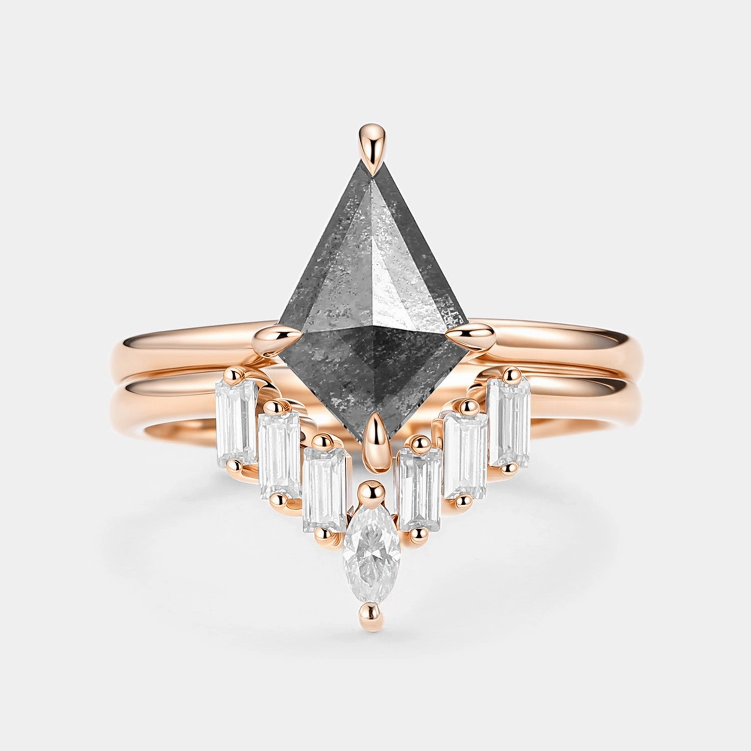 Salt and Pepper Diamonds Elongate Engagement Ring Set 2pcs - Cielo Bold Jewelry Pieces Sleek Design