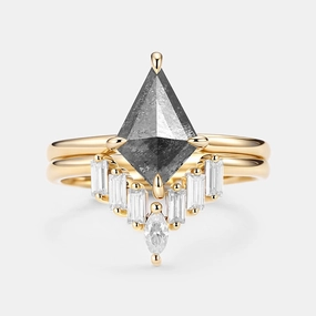 Salt and Pepper Diamonds Elongate Engagement Ring Set 2pcs - Cielo Iconic Accent