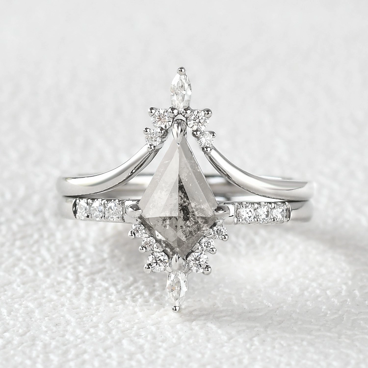 Salt and Pepper Diamonds Kite Cut Engagement Ring Set 2pcs - Starla Finishing Touch Elegant Sparkle