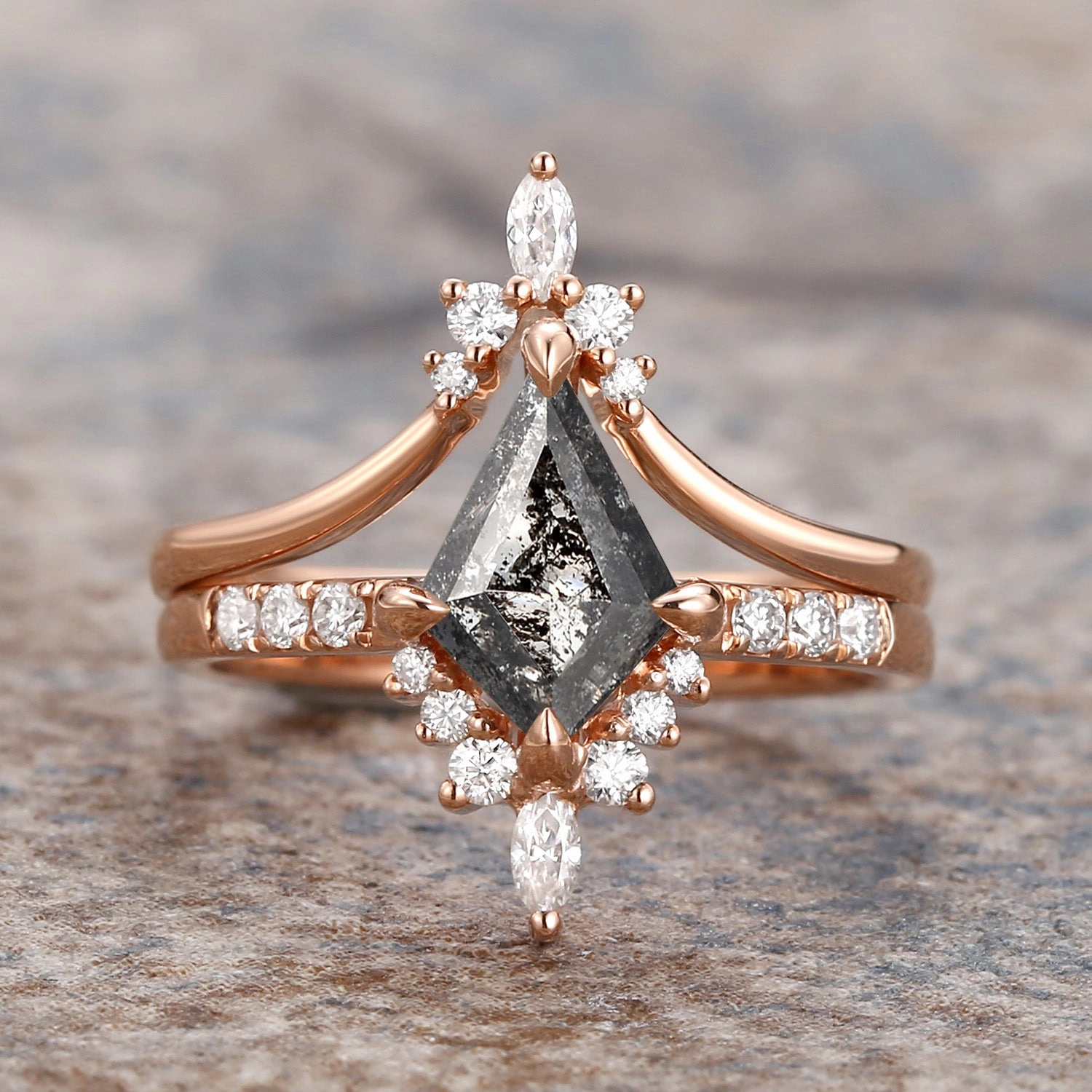 Salt and Pepper Diamonds Kite Cut Engagement Ring Set 2pcs - Starla Artistic Edge Work Accent
