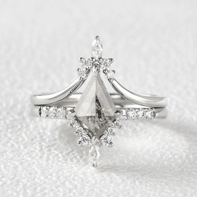 Salt and Pepper Diamonds Kite Cut Engagement Ring Set 2pcs - Starla Finishing Touch Elegant Sparkle