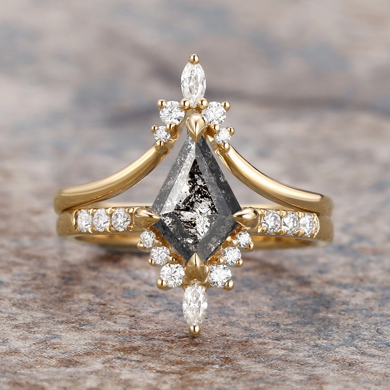 Salt and Pepper Diamonds Kite Cut Engagement Ring Set 2pcs - Starla Exquisite Piece Trend Forward