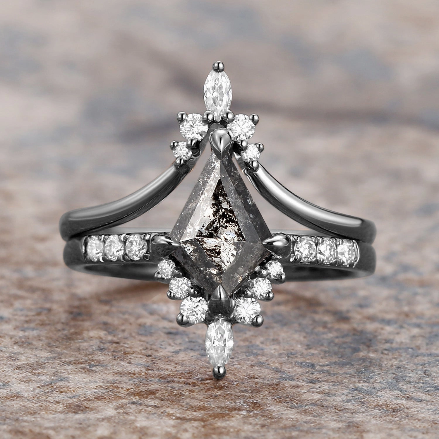 Salt and Pepper Diamonds Kite Cut Engagement Ring Set 2pcs - Starla Dazzling Detail Dainty Detail