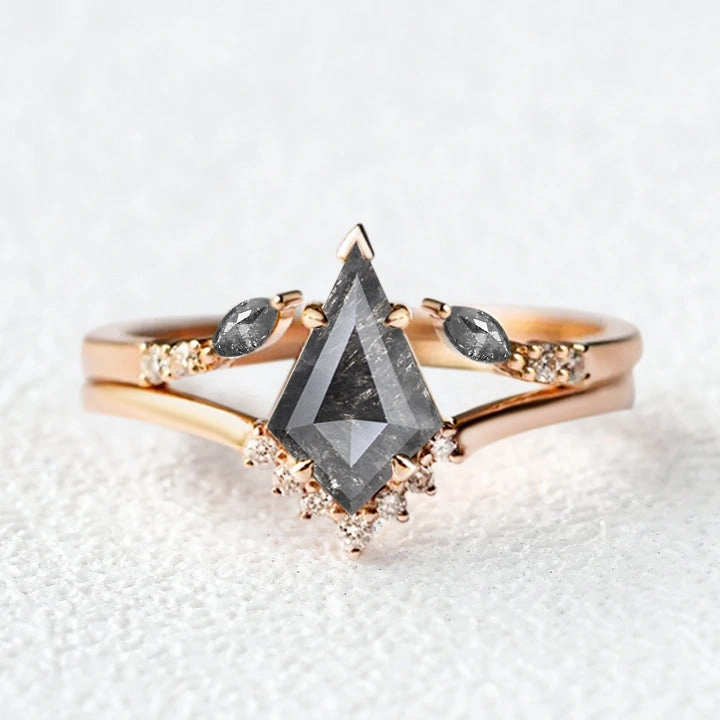 High impact Modern Edge Salt and Pepper Diamonds Kite Cut Leafy Ring Set 2pcs