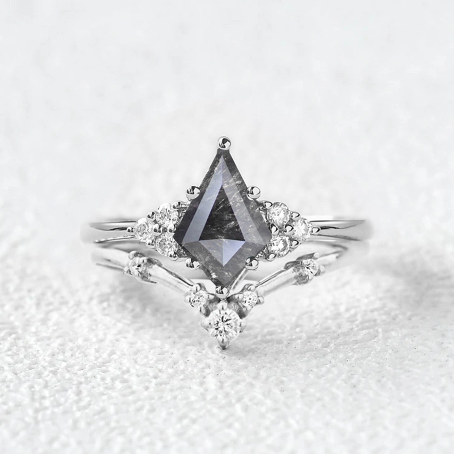 Holiday Accent Distinctive Highlight Salt and Pepper Diamonds Stacking Gold Engagement Ring Sets 2PCS