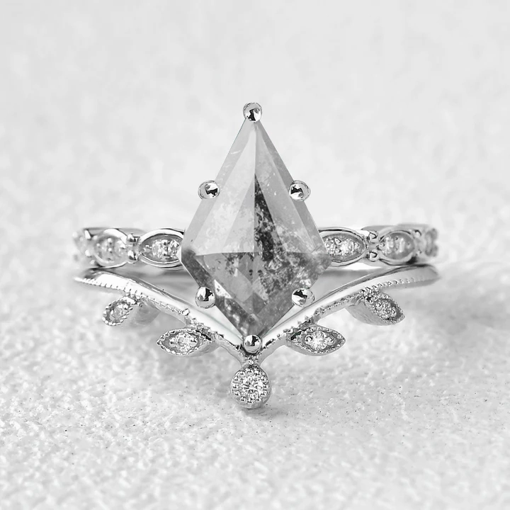 Salt and Pepper Diamonds Vintage Engagement Ring Set 2pcs Refined Craftwork