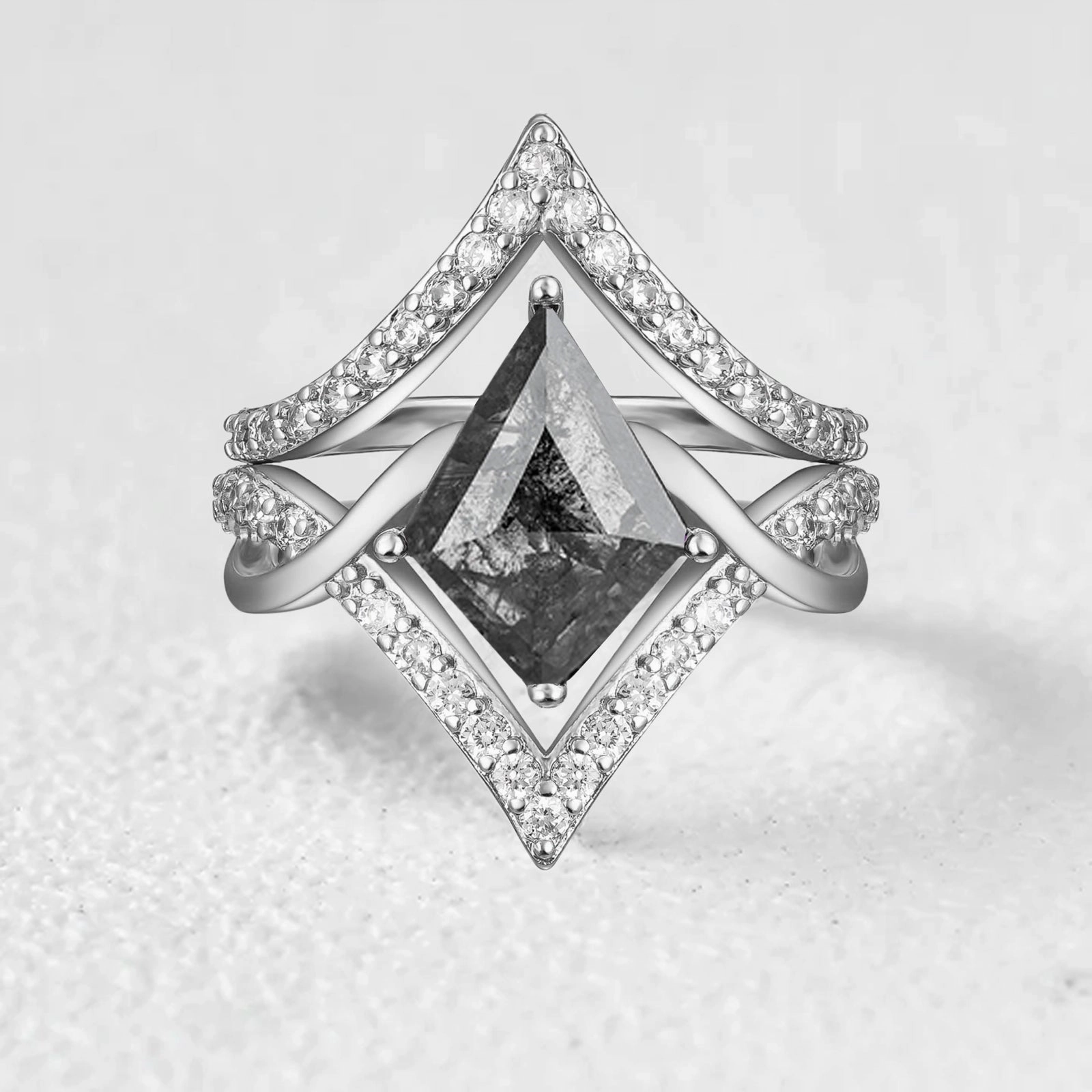 Brilliant Accent Unique Edge Salt and Pepper Diamonds Vintage Infinity Engagement Ring Set 2pcs