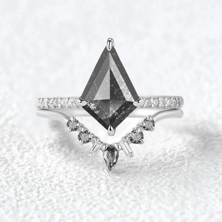 Stylish Edge Layered Look Salt and Pepper Diamonds White Gold Engagement Ring Set 2pcs