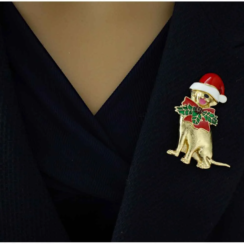 Santa Dog with Large Bow Christmas Brooch Pin - XP938