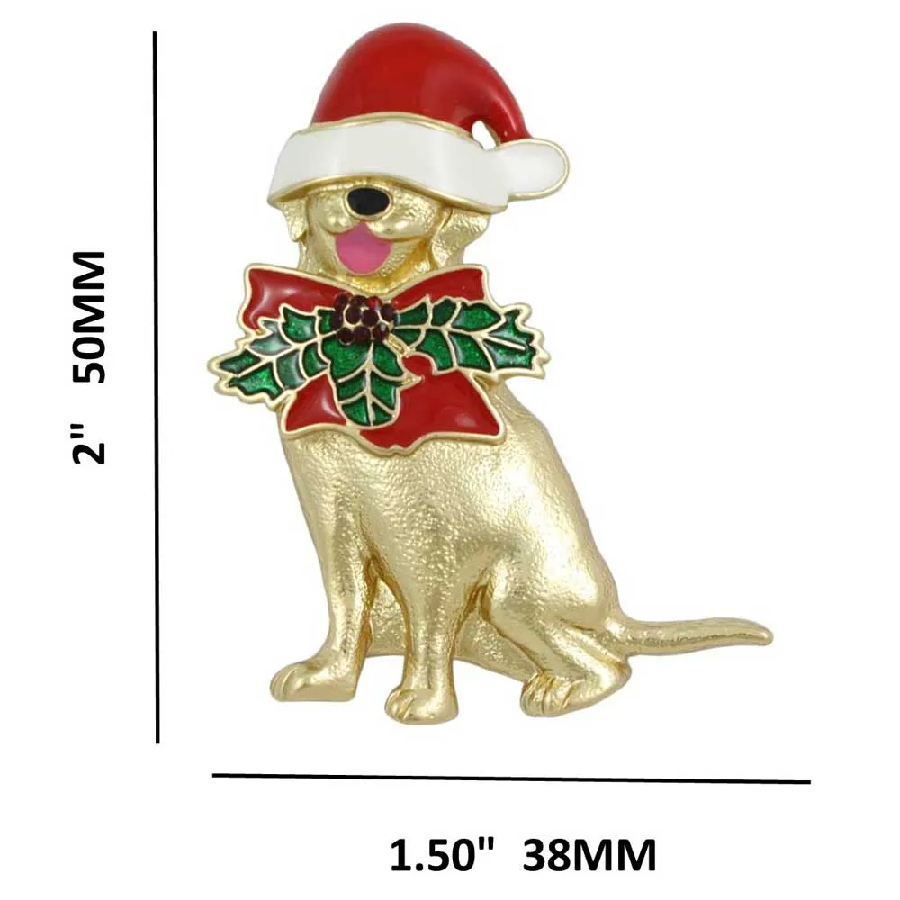 Santa Dog with Large Bow Christmas Brooch Pin - XP938