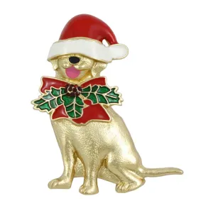 Santa Dog with Large Bow Christmas Brooch Pin - XP938