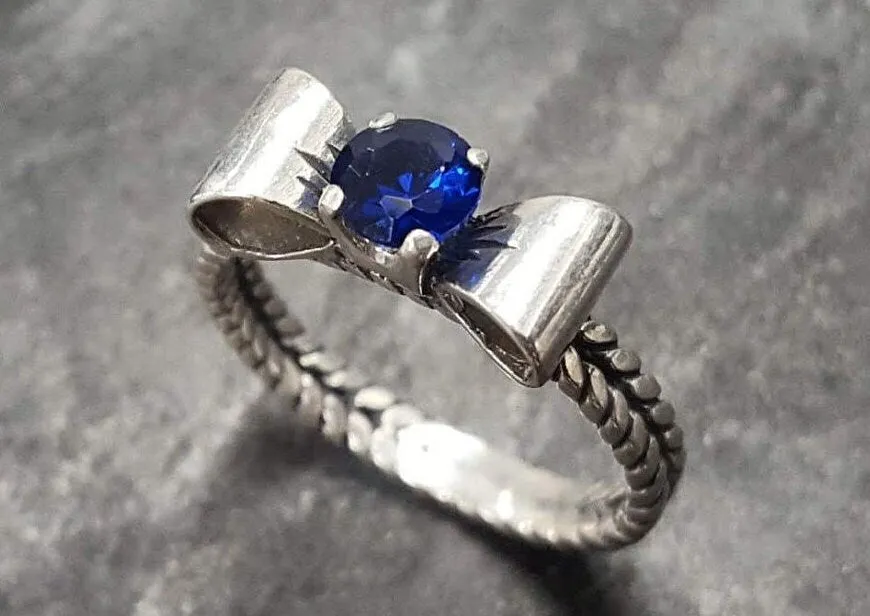 Sapphire Silver Ring - Blue Ribbon Ring - Bow Silver Ring